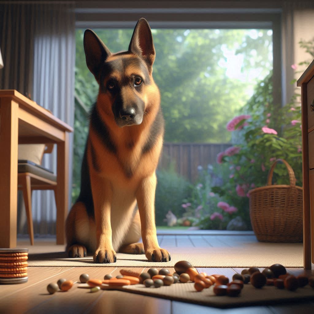 Deutscher Schäferhund mit Spielsachen vor sich aber er hat nicht richtig Lust zu spielen und ist lethargisch was ein Anzeichen der Addison-Krankheit bei Hunden bedeuten kann.