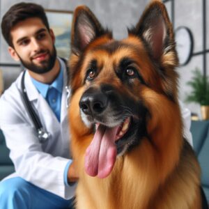 Glücklicher Schäferhund mit seinem Tierarzt nach erfolgreicher Behandlung der Addison Krankheit