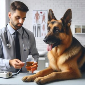 Tierarzt untersucht einen Schäferhund auf Anzeichen der Addison Krankheit beim Hund. Der Schäferhund sieht leicht dehydriert aus und hat die Zunge herausgestreckt