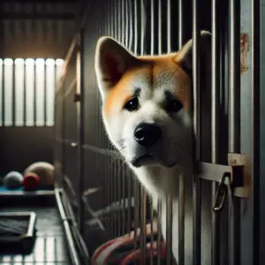 Akita in Not sieht aus den Gittern eines Tierheims durch und wartet auf Adoption und zweite Chance