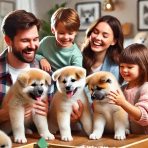 Fröhliche Familie mit Kindern besucht einen Akita-Züchter und interagiert liebevoll mit den niedlichen Akita Inu Welpen bevor sie sich für einen Kauf entscheiden