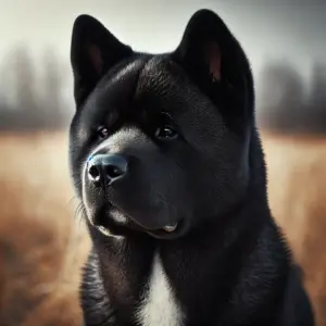 Schwarzer American Akita mit breitem Kopf und wachsamen, dunklen Augen