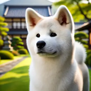 Weißer Japanischer Akita Inu mit schlanker Kopfform und aufrechten Ohren, in einer ruhigen Landschaft