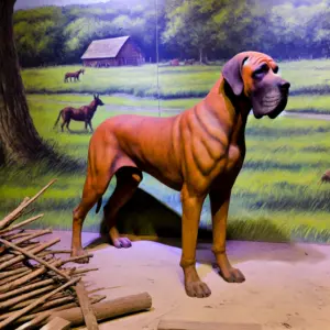 Eine alte deutsche Dogge mit braunem Fell steht auf einem Wegrand