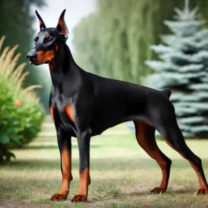 Eleganter amerikanischer Dobermann mit schlanker Statur und schwarzem Fell, stehend im Freien mit natürlicher Kulisse