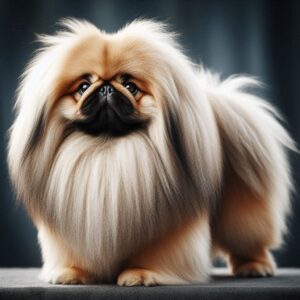 Ein Amerikanischer Pekinese steht selbstbewusst und schaut in die Kamera