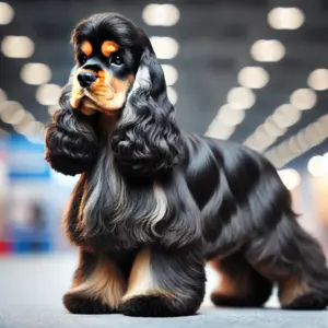 Ein kompakter amerikanischer Cocker Spaniel Showlinie mit langem, seidigem schwarz-braunem Fell 