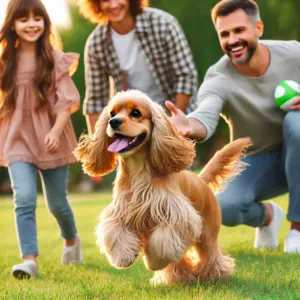 Freundlicher und verspielter Cocker Spaniel mit mittellangem Fell, spielt fröhlich im Park mit seiner Familie 