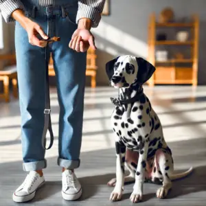 Ein Dalmatiner sitzt neben seinem neuen Herrchen, der ihn als Anfängerhund erworben hat
