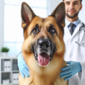 Schäferhund und Tierarzt sind glücklich über die erfolgreiche Behandlung der atopischen Dermatitis