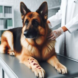 Deutscher Schäferhund wird von Tierarzt auf atopische Dermatitis beim Hund untersucht