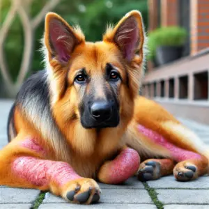 Deutscher Schäferhund mit Hautirritation und Rötungen von einer Atopischen Dermatitis, ruht sich draußen aus