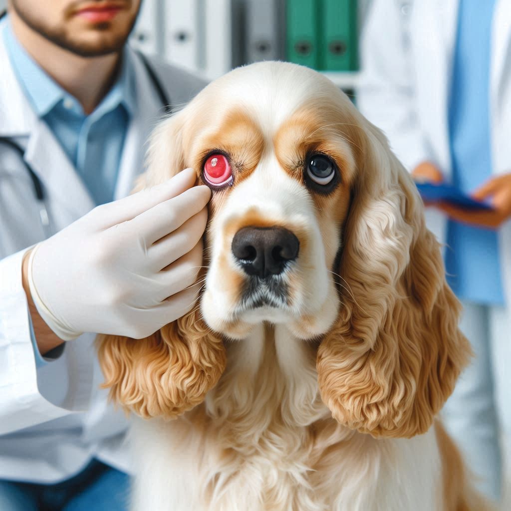 Tierarzt untersucht einen Cocker Spaniel auf mögliche Augenkrankheiten wie grüner Star oder grauer Star