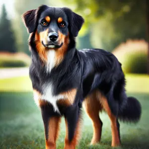 Australian Shepherd Labrador Mix Hund mit mittellangem Fell, steht aufmerksam im Park