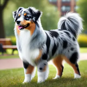 Miniature Australian Shepherd mit Blue Merle Fell, mittellanges Fell, steht im Park.