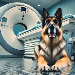 Ein Deutscher Schäferhund unterzieht sich einer diagnostischen Bildgebung, wie einem MRT oder CT-Scan, in einer modernen Tierklinik