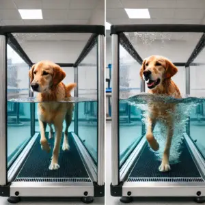 Hund auf einem Wasserlaufband bei der Hydrotherapie, eine effektive Übung zur Rehabilitation nach einem Bandscheibenvorfall. Der Hund bewegt sich in einem transparenten Wassertank vorwärts, während das Wasser den Druck auf die Gelenke und die Wirbelsäule verringert