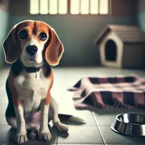 Beagle sitzt in einer Hunde Auffangsstation