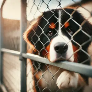 Ein trauriger Berner Sennenhund hinter einem Zaun in einem Tierheim, der sehnsüchtig auf eine zweite Chance wartet, ein neues Zuhause zu finden