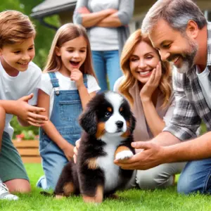 Eine Familie besucht einen verantwortungsvollen Berner Sennenhund Züchter nach einer Beratung über die Rasse einen Berner Sennen Hund Welpen zu kaufen