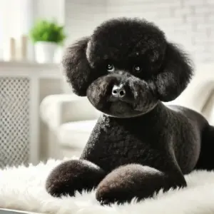 Ein frisch geschorener schwarzer Bichon Frisé sitzt entspannt in einer hellen und sauberen Innenumgebung. Das weiche, kurze Fell des Hundes zeigt seine gut gepflegte Erscheinung nach einem professionellen Haarschnitt