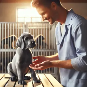 Ein blauer deutscher Doggen Welpe wird von seinem neuen Besitzer in der Welpenzucht besucht und gekauft