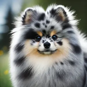 Ein wunderschöner Blue Merle Pomeranian, der im Freien steht und sein einzigartiges marmoriertes Fellmuster zeigt. Der Hund hat eine Mischung aus blauen, grauen und cremefarbenen Flecken sowie ein flauschiges Fell