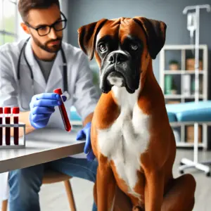 Ein Boxerhund sitzt in einer Tierarztpraxis, während der Tierarzt eine Blutprobe entnimmt für die anschließende Bestimmung der Blutwerte 