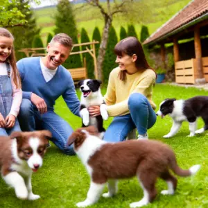 Eine Familie adoptiert einen verspielten Border Collie-Welpen in einem ländlichen Garten