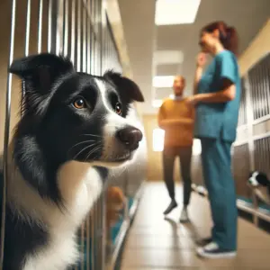 Ein Border Collie aus dem Tierheim wartet bis er von seinem neuen Besitzer abgeholt wird.