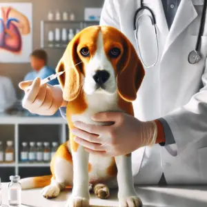 Beagle erhält eine Impfung gegen Borreliose in einer Tierklinik. Der Tierarzt verabreicht die Injektion, um den Hund vor einer Infektion durch Zecken zu schützen