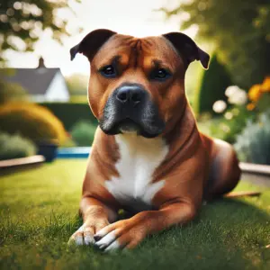Ein brauner American Stafford Terrier liegt auf der Wiese und ruht
