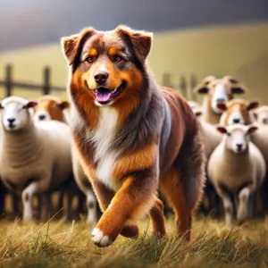 Australian Shepherd aus der Arbeitslinie mit kurzem bis mittellangem braunem Fell, hütet Schafe auf einer Farm