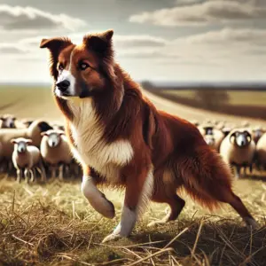 Ein brauner Border Collie aus der Arbeitslinie hütet aufmerksam eine Herde Schafe auf einem ländlichen Feld. Der Hund hat ein kurzes, funktionelles Fell und zeigt einen schlanken, athletischen Körperbau