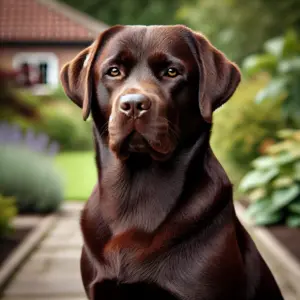 Ein schokoladenbrauner Labrador Retriever aus der Showlinie, der ruhig auf einem gepflegten Rasen sitzt