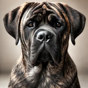 Nahaufnahme eines gestromten Bullmastiffs mit einzigartigem Streifenmuster in dunklen und hellen Tönen