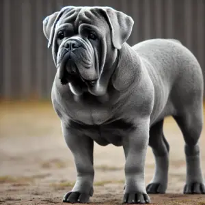 Ein grauer Bullmastiff steht im Freien und zeigt sein einzigartiges, silbrig-graues Fell