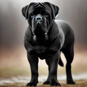 Ein seltener schwarzer Bullmastiff steht im Freien, mit einem fast vollständig schwarzen Fell und einer charakteristischen schwarzen Maske im Gesicht