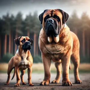 Vergleichsbild eines Bullmastiffs und eines Englischen Mastiffs, die nebeneinander im Freien stehen. Der Bullmastiff ist kompakter und athletischer, während der Mastiff größer und massiver wirkt.