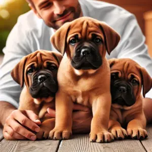 Bild von Bullmastiff-Welpen mit einem verantwortungsvollen Züchter in einer ruhigen Umgebung