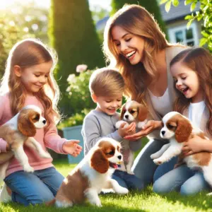 Eine Mutter mit ihren Kindern spielt mit den Welpen bevor sie einen Cavalier King Charles Spaniel kaufen