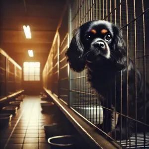 Ein schwarzer Cavalier King Charles Spaniel sitzt traurig hinter einem Käfig in einem Tierheim und wartet auf Adoption