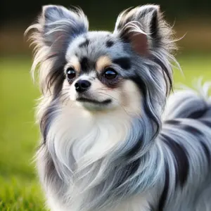 Ein langhaariger Blue Merle Chihuahua mit fließendem, seidigem Fell in blauen, grauen und schwarzen Farbtönen