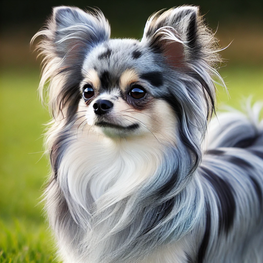 Ein langhaariger Blue Merle Chihuahua mit fließendem, seidigem Fell in blauen, grauen und schwarzen Farbtönen
