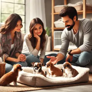 Der Chihuahua Züchter erklärt den beiden Interessentinnen die Rasse bevor sie einen Chihuahua Welpen kaufen