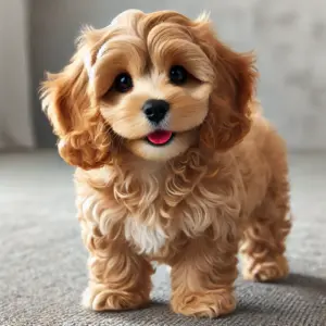 Ein Cocker Poo Welpe oder Cocker Spaniel Mini mit kompaktem Körper und leicht welligem hellbraunem Fell