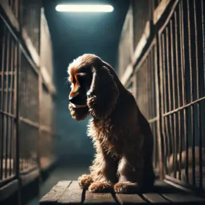 Trauriger, einsamer Cocker Spaniel sitzt hinter Gitterstäben in einem düster beleuchteten Tierheim und wartet auf Adoption
