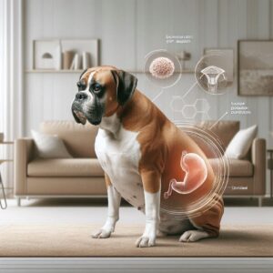 Die Hunderasse Boxer mit einer grafischen Darstellung des Cushing-Syndroms bei Hunden, das auf hormonelle und physische Veränderungen hinweist.