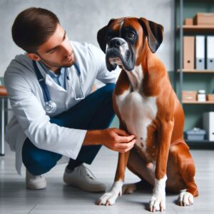 Der Tierarzt untersucht einen Boxer-Hund, um das Cushing Syndrom beim Hund zu diagnostizieren.