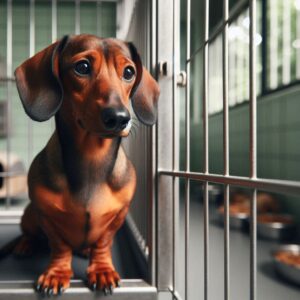 Ein Dackel mit kurzem, braunem Fell sitzt in einem Zwinger im Tierheim. Durch die Gitterstäbe schaut der Hund mit einem neugierigen und zugleich etwas traurigen Blick nach draußen